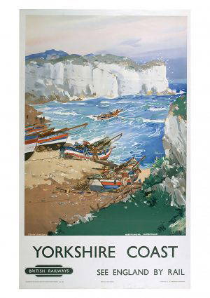 Yorkshire Coast - Boats in the bay England by Rail Art Print