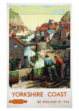 Yorkshire Coast Staithes two men on a bridge Art Print
